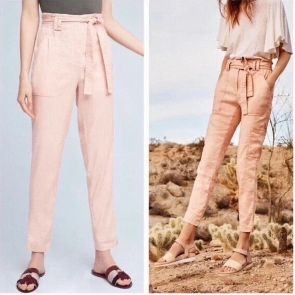 Anthropologie Elevenses Pink Paper‎ Bag Waist Cargo Pants Linen Blend Pink Blush